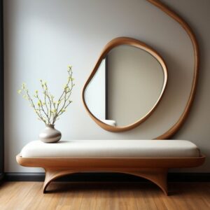 Minimalist Asymmetrical Wooden Frame Mirror & Matching Curved Bench Set