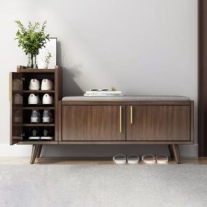 47" Black Walnut Wooden Shoe Storage Bench with 3 Doors & 5 Shelves for Entryway