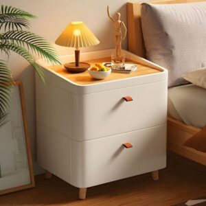 Modern White Nightstand with 2 Drawers & Natural Wood Top