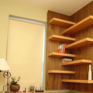Modern Interlocking Corner Floating Shelves with Wood Backdrop
