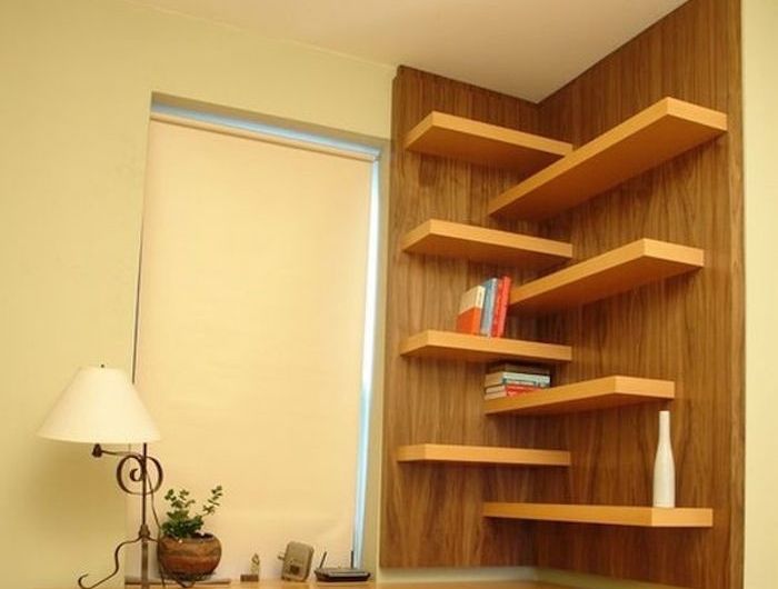 Modern Interlocking Corner Floating Shelves with Wood Backdrop